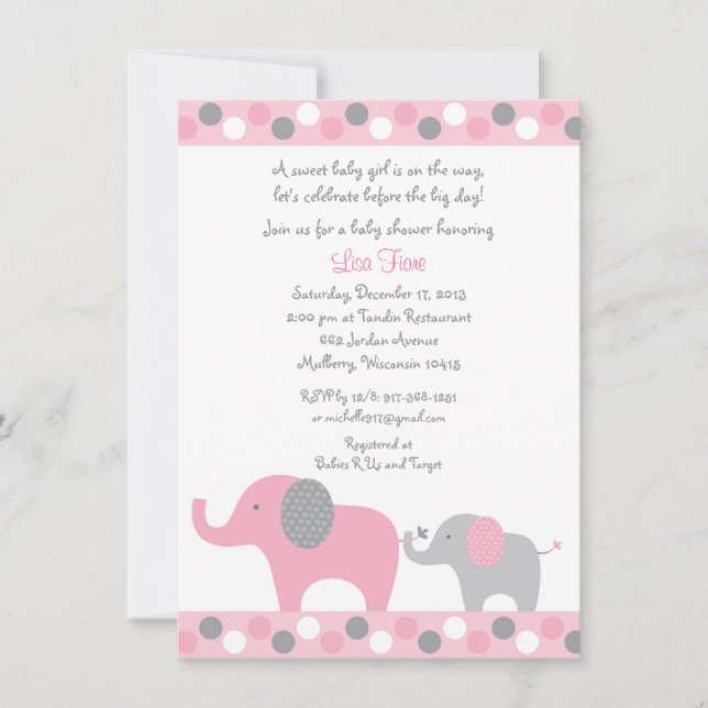 Pink Polka Dot Elephant Baby Shower Invitation (Front)