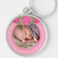 Pink Polka Dot Floral Baby Photo Keychain