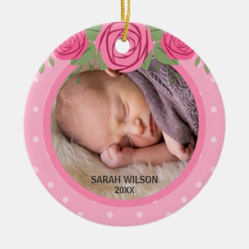 Pink Polka Dot Floral Babys First Christmas Photo Ceramic Ornament
