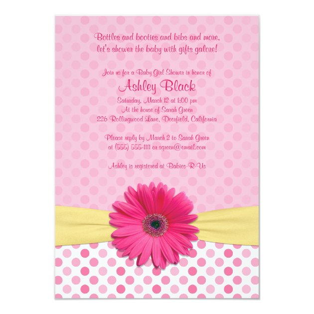 Pink Polka Dot Gerber Daisy Baby Shower Invitation
