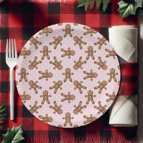 Pink Polka Dot Gingerbread Man Christmas Paper Plates