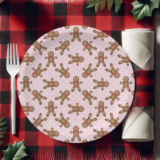 Pink Polka Dot Gingerbread Man Christmas Paper Plates (Creator Uploaded)