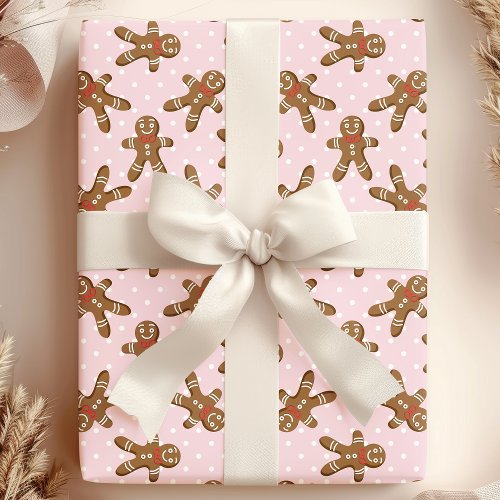 Pink Polka Dot Gingerbread Man Christmas Wrapping Paper