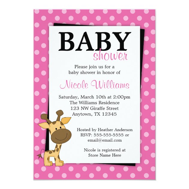 Pink Polka Dot Giraffe Baby Shower Invitations