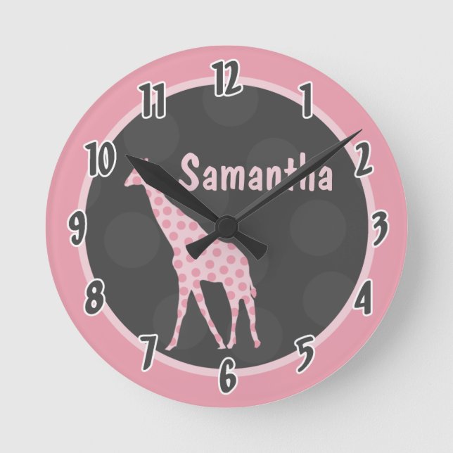 Pink Polka Dot Giraffe Jungle Personalized Clock (Front)