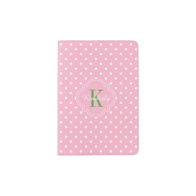Pink Polka Dot Green Monogram Passport Holder (Front)