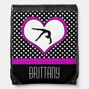 Pink Polka-Dot Gymnastics with heart Drawstring Bag