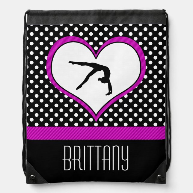 Pink Polka-Dot Gymnastics with heart Drawstring Bag (Front)