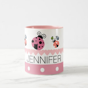 Pink Polka Dot Heart Ladybug Custom Name Two-Tone Coffee Mug