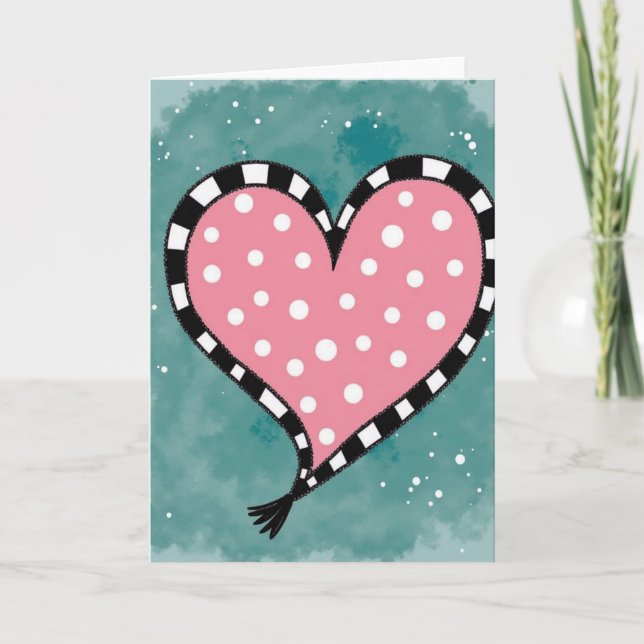 Pink Polka Dot Heart Love Card (Front)