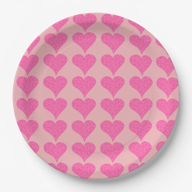 Pink Polka Dot Hearts Paper Plates (Front)