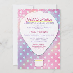 Pink Polka Dot Hot Air Balloon Birthday Invitation