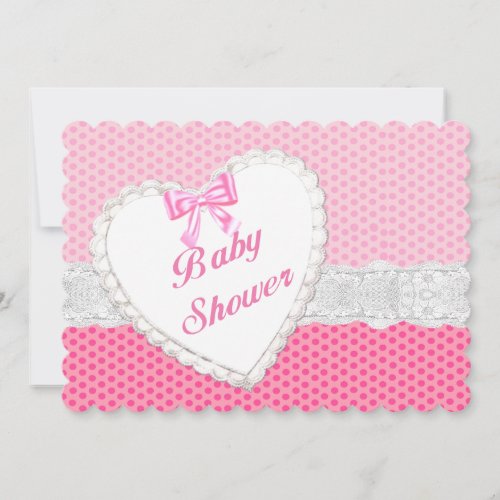 Pink Polka Dot Lace Heart Baby Shower Invitation