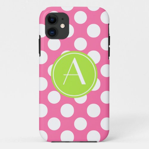 Pink Polka Dot Lime Circle Monogram iPhone 11 Case