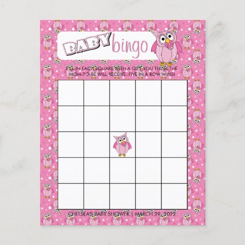 Pink Polka Dot Owl Baby Shower Theme Bingo Game Flyer