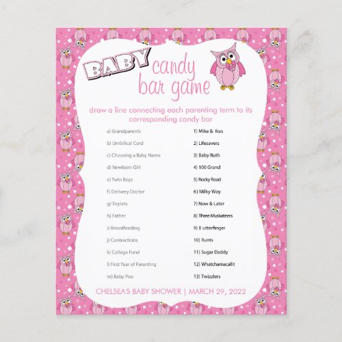 Pink Polka Dot Owl Baby Shower Theme Candy Bar Flyer