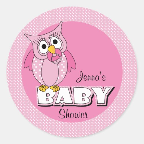 Pink Polka Dot Owl  Baby Shower Theme Classic Round Sticker