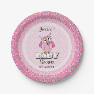Pink Polka Dot Owl Baby Shower Theme Paper Plates