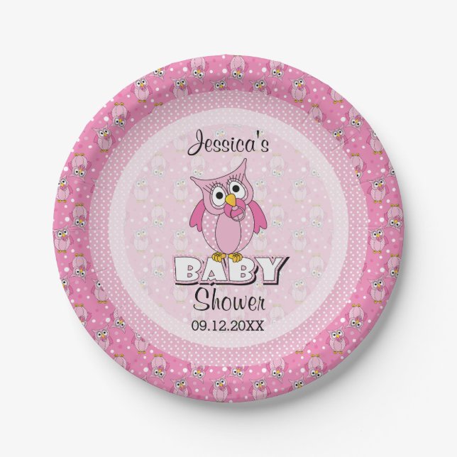 Pink Polka Dot Owl Baby Shower Theme Paper Plates (Front)