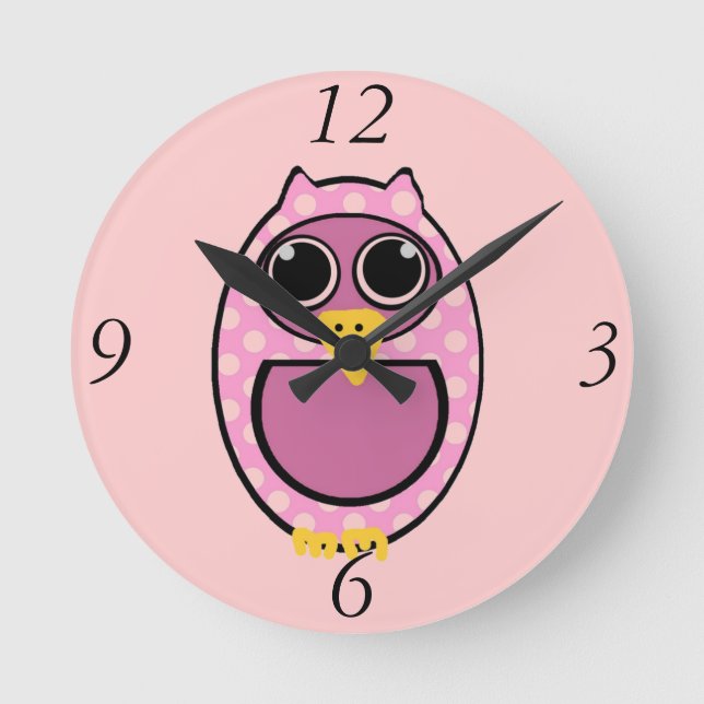 PINK POLKA DOT OWL ROUND CLOCK (Front)