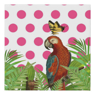 Pink Polka Dot, Parrot and Butterfly Faux Canvas Print