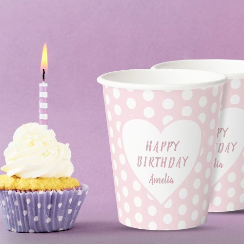 Pink Polka Dot Pattern Heart Birthday Party Paper Cups