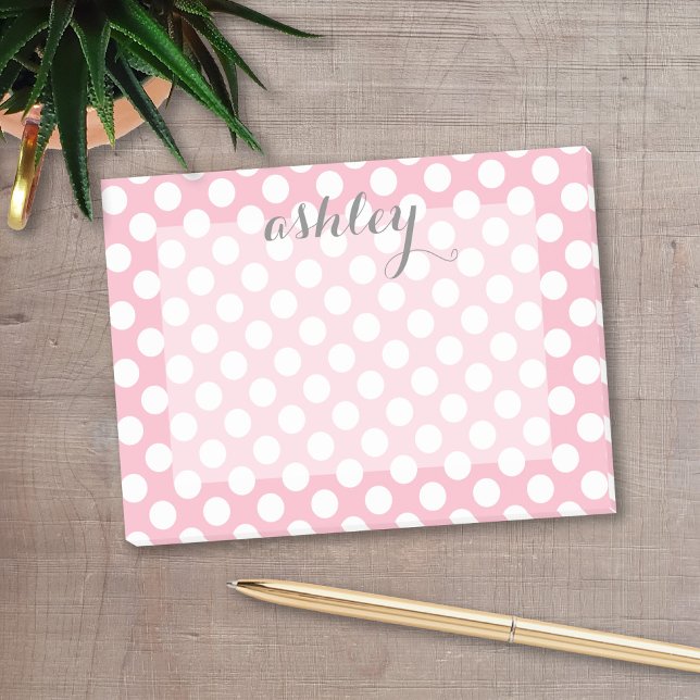 Pink Polka Dot Pattern with Gray Script Name Post-it Notes (Personalized post-it notes with a monogram and contact information - low quantity available)