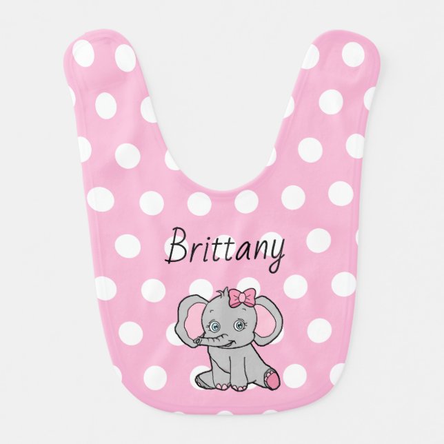 Pink Polka Dot Personalized Elephant Girl's Baby Bib (Front)