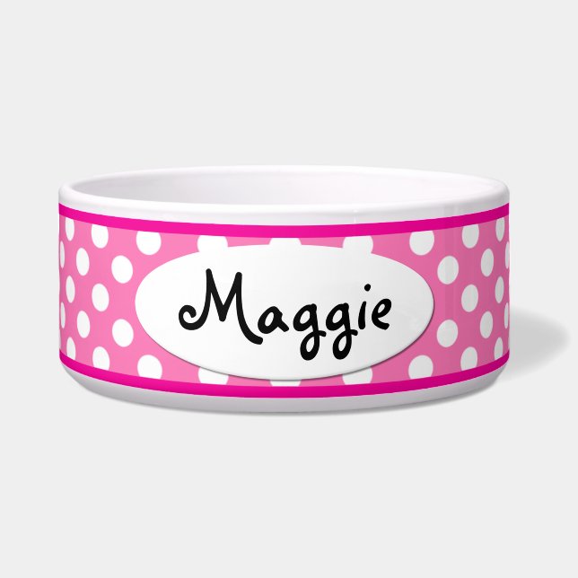 Pink Polka Dot Personalized Small Dog Bowl (Front)