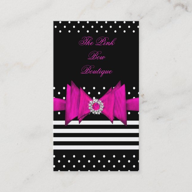 Pink Polka Dot Pink Black Stripe Pink Diamond Bow Business Card (Front)