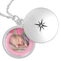 Pink Polka Dot Pink Floral Photo Silver Plated Necklace