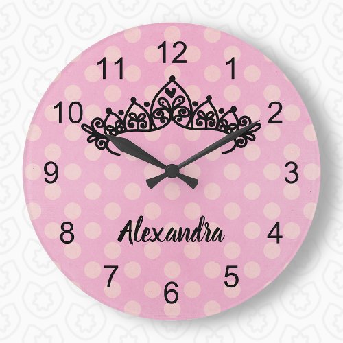 Pink Polka Dot Princess Tiara Wall Clock