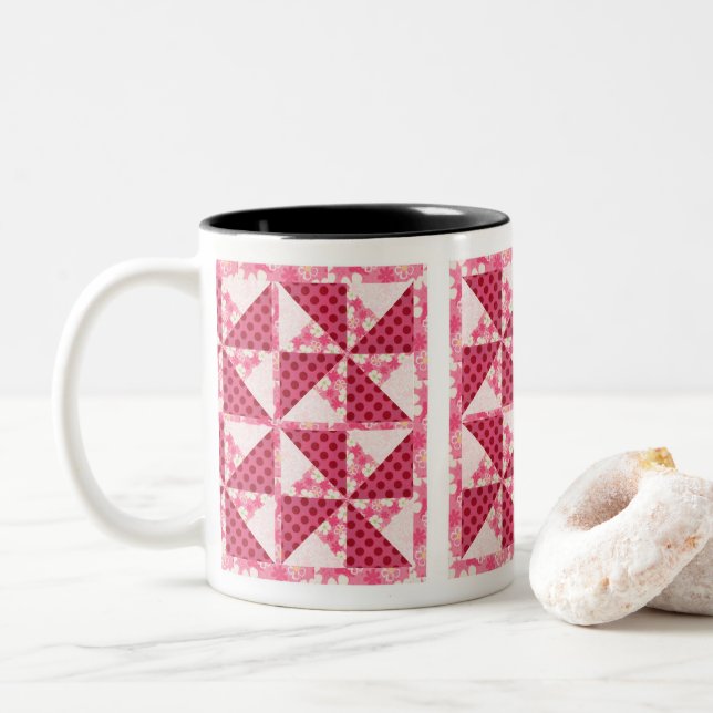 Pink Polka Dot Quilt Look Two-Tone Coffee Mug (With Donut)