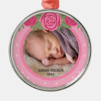 Pink Polka Dot Roses Baby's First Christmas Photo Metal Ornament