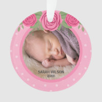 Pink Polka Dot Roses Baby's First Christmas Photo Ornament