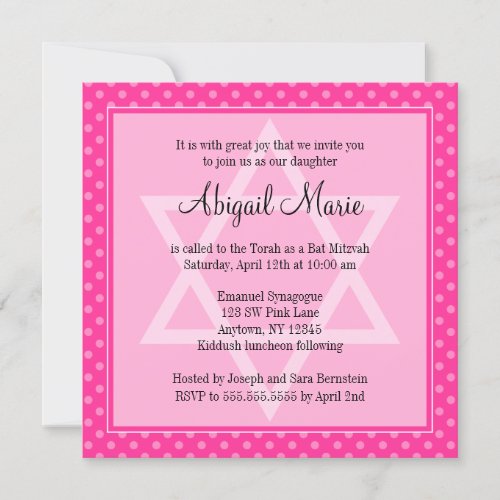 Pink Polka Dot Star of David Bat Mitzvah Square Personalized Invitations
