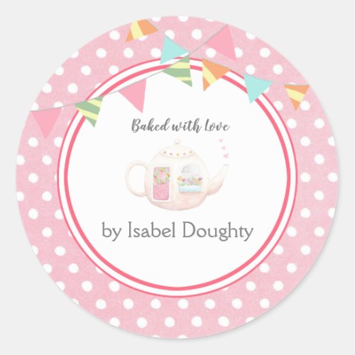 Pink Polka Dot Tea Port Cute Custom Baked Goods Classic Round Sticker
