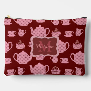 Pink Polka Dot Tea Set Burgundy Personalised Accessory Pouch