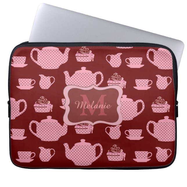 Pink Polka Dot Tea Set Burgundy Personalized Laptop Sleeve (Front)