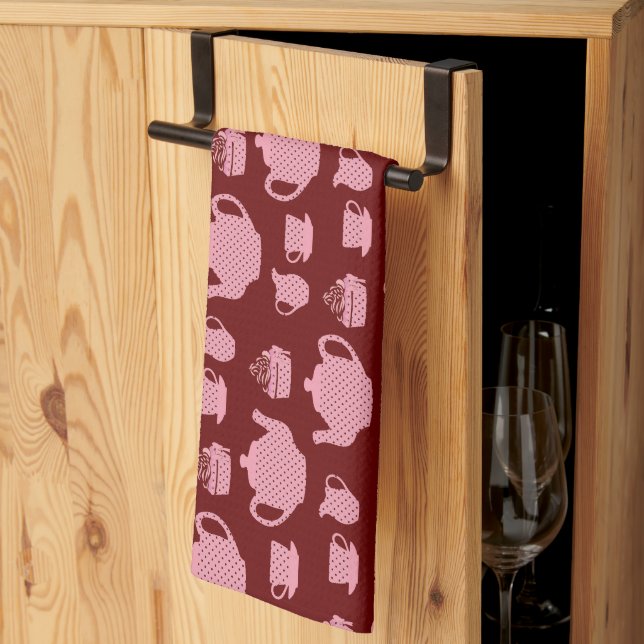 Pink Polka Dot Tea Set on Burgundy Kitchen Towel (Thirds Fold)