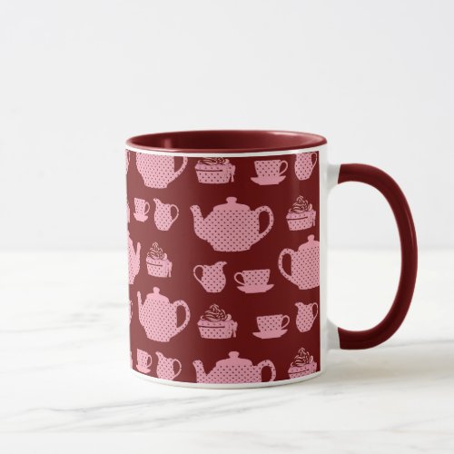 Pink Polka Dot Tea Set on Burgundy Mug