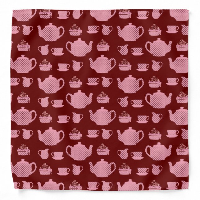 Pink Polka Dot Tea Set on Burgundy Pattern Bandana (Front)