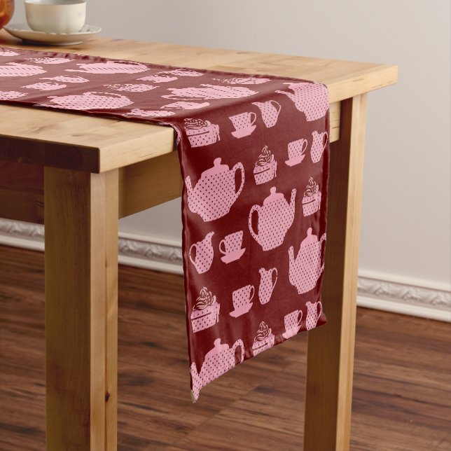 Pink Polka Dot Tea Set on Burgundy Pattern Short Table Runner (In Situ)