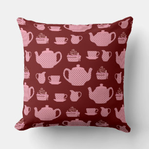 Pink Polka Dot Tea Set on Burgundy Pattern Throw Pillow