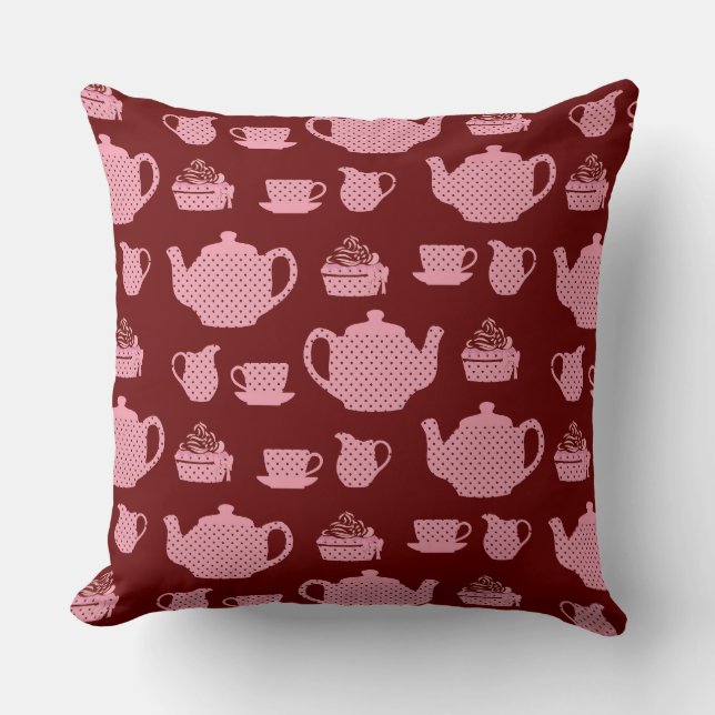 Pink Polka Dot Tea Set on Burgundy Pattern Throw Pillow (Front)