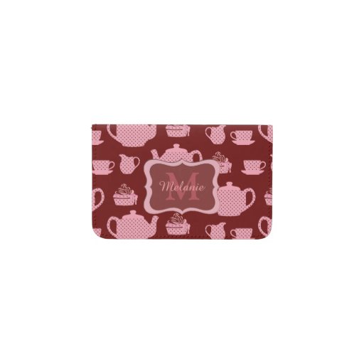 Pink Polka Dot Tea Set on Burgundy Personalised Card Holder