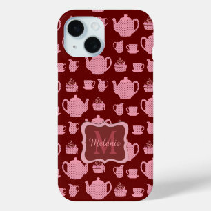 Pink Polka Dot Tea Set on Burgundy Personalised iPhone 15 Case