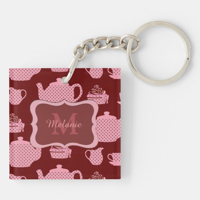 Pink Polka Dot Tea Set on Burgundy Personalised Keychain (Back)