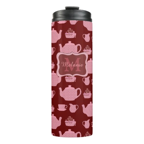 Pink Polka Dot Tea Set on Burgundy Personalised Thermal Tumbler