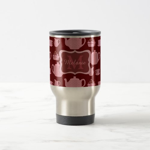 Pink Polka Dot Tea Set on Burgundy Personalised Travel Mug